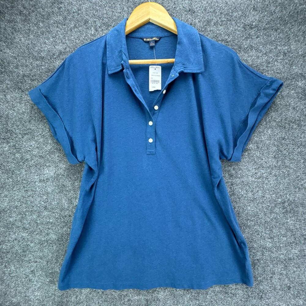 Brooks Brothers Polo Shirt Womens Large Blue Linen Cotton‎ Blend Cap Sleeve